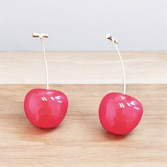 CHERRY Bomb Red EAR RINGS COSTUME Dangle Cherry Glaze Earrings 3D Pierced Ears - Picture 1 of 6